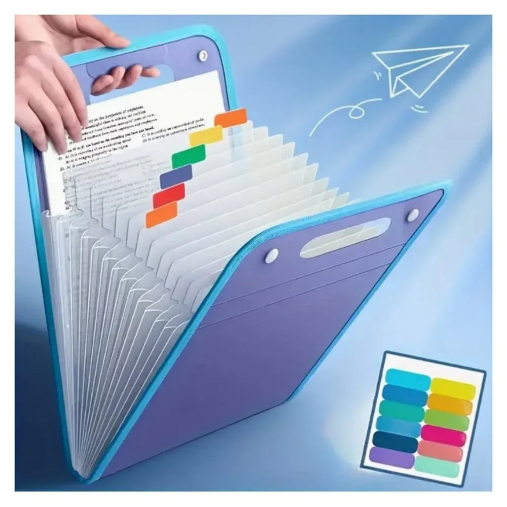 Expandable Organizer File Sorter Clear w/Blue Trim Colored Tabs 13 Pockets A4